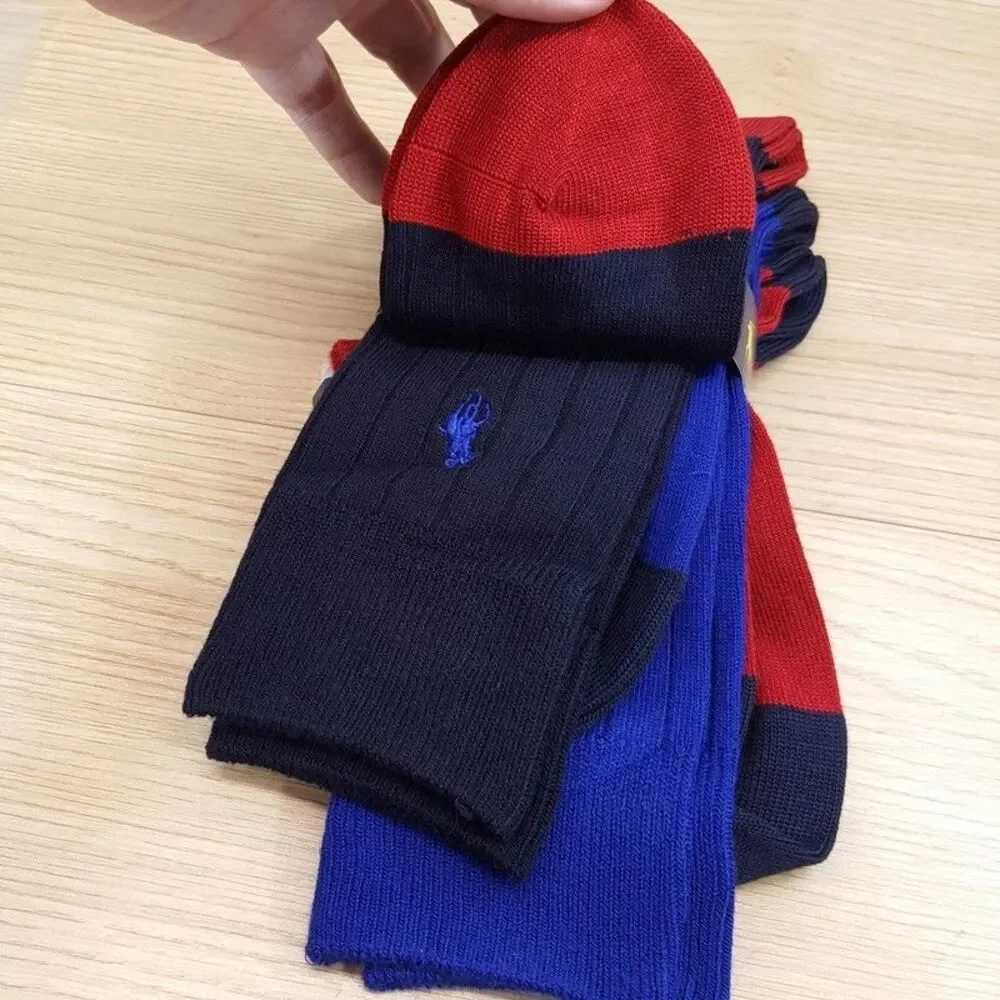 POLO RALPH LAUREN Crew Dress Socks Mens Red Blue 3-Pack Ribbed Knit Pony Logo